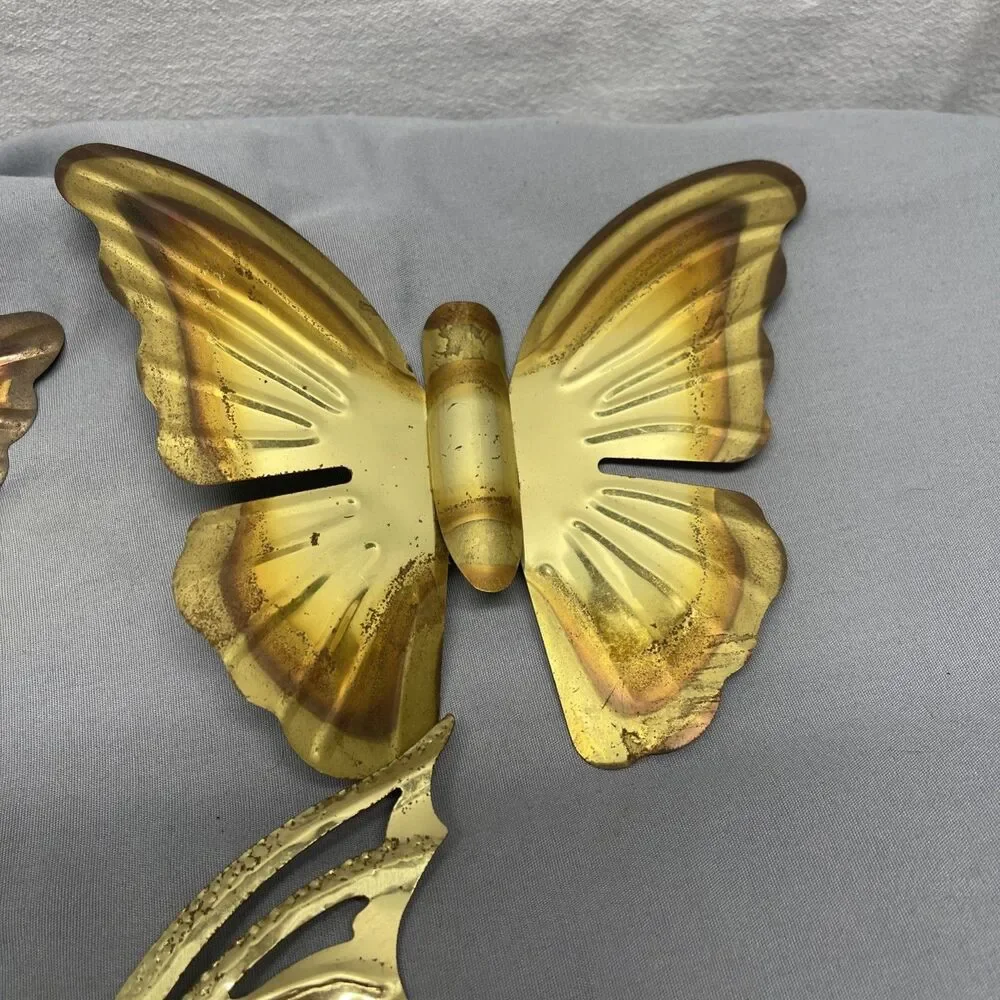 Vintage Brass Butterfly 3pc Wall Art Sculpture Hanging Decor Metal Wood Gold MCM